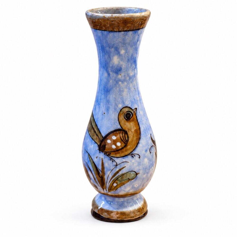 Vintage Vase Mexican Stoneware Pottery Tonala Blue Hand Painted Signed Bird EUC